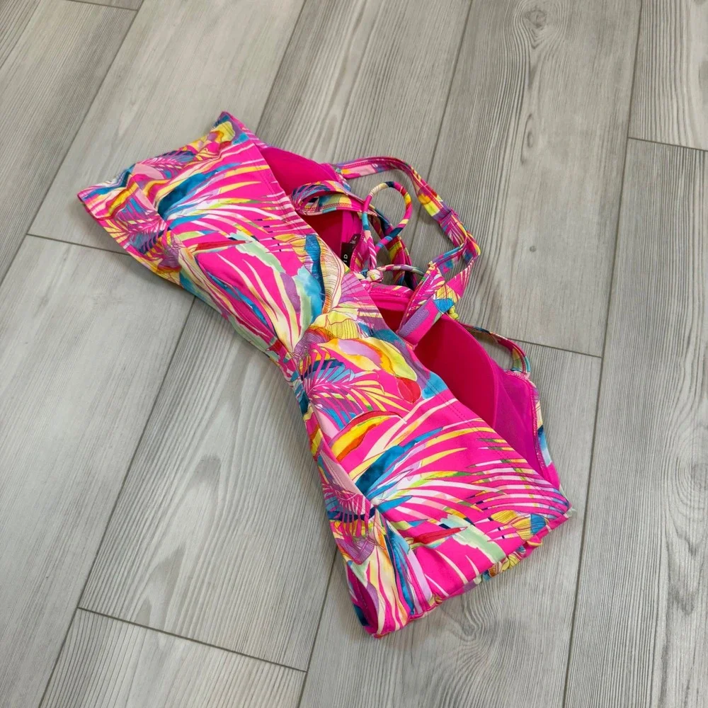 Torrid Tropical Palm Print Lace Up Wireless Bikini Top Pink Multi Size 4